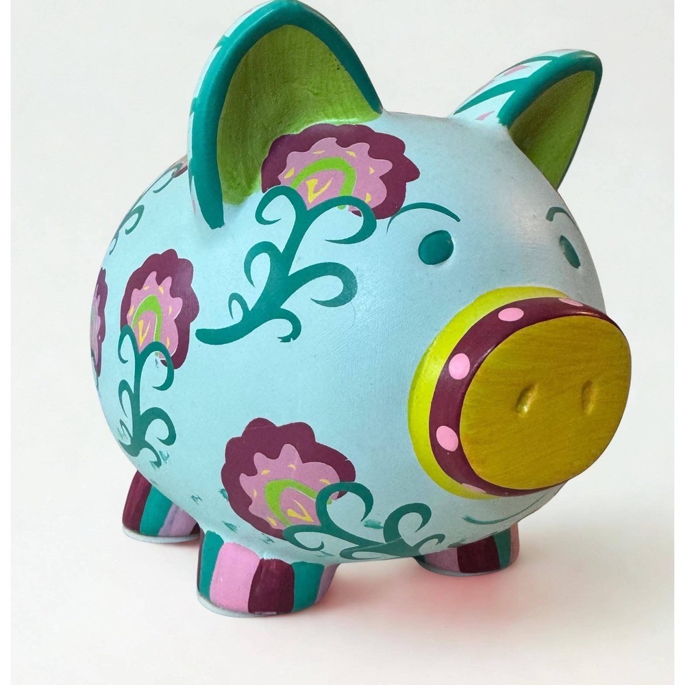 Vtg Kimberly Hodges Piggy Bank Hand Painted Floral Cupcakes Cartwheels Blue Pink
